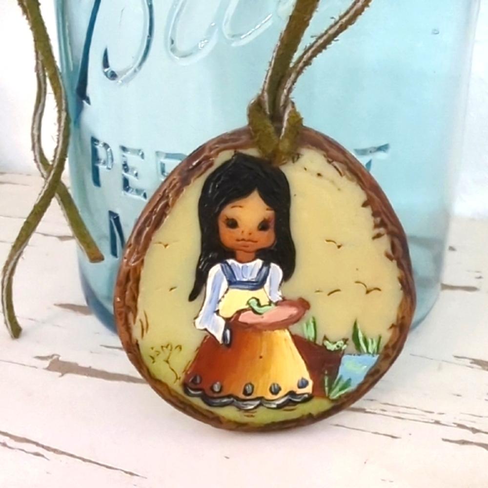 Vintage "JAMA" Handpainted Of Little Girl, On Leather Chord Necklace